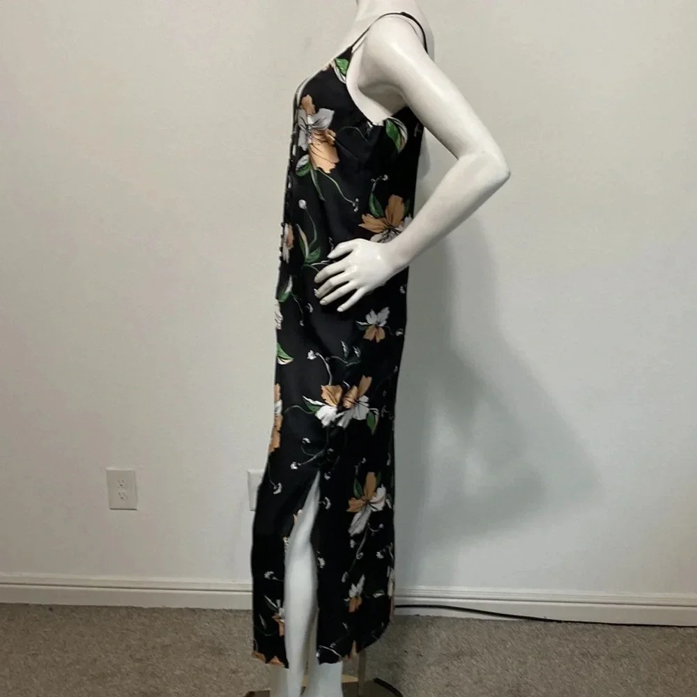 Bardot Black Hibiscus Floral Button Front Satin Midi Slip Dress Size 4